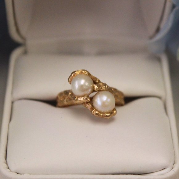 14ky Double Pearl Bamboo Ring - Picture 2 of 5